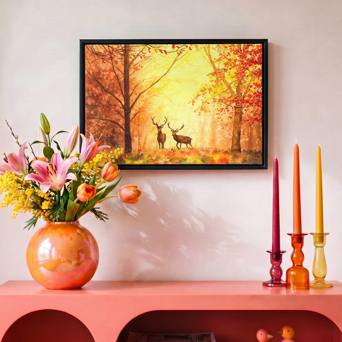 LEINWAND Bilder mit Rahmen - Natur - Ölfarbe - Hirsche - Tiere - Herbst - Orange - 30x20 - Orange, Textil (30/20cm) - MuchoWow