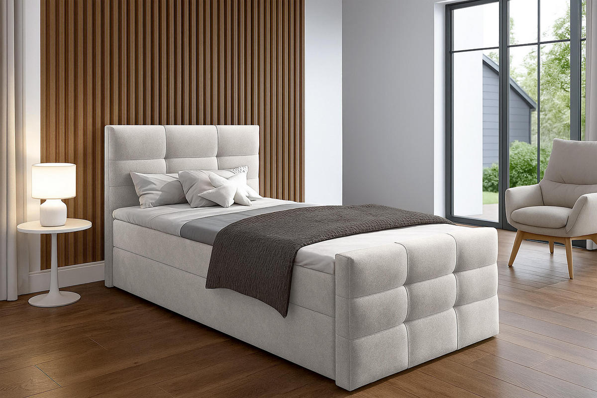 BOXBETT ARGENTARO 120x200 cm mit Bettkasten und Matratze - Beige - Beige/Schwarz, Holz/Holzwerkstoff (120/200cm) - AX Living