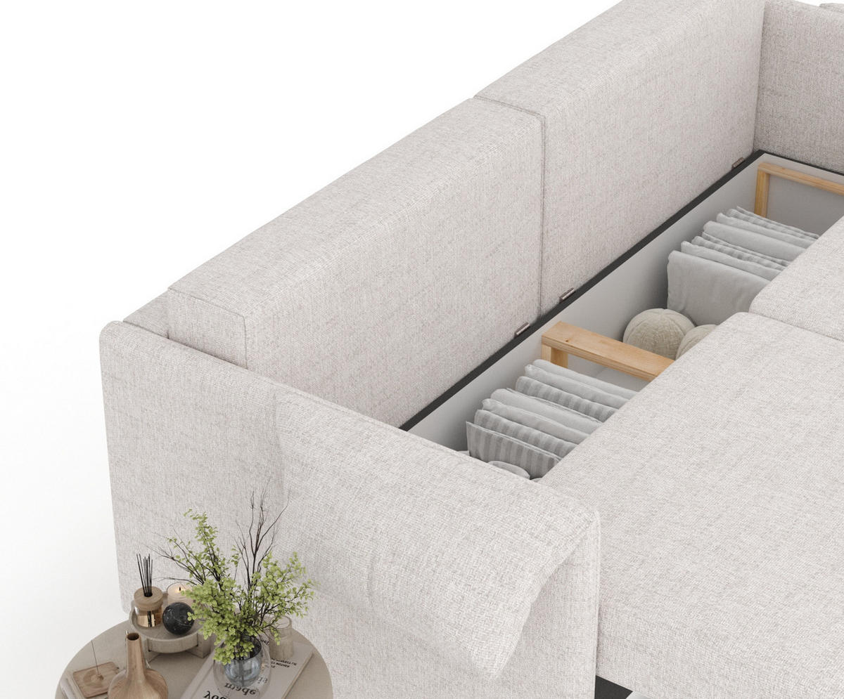 SCHLAFSOFA MIT ECKSOFA-FUNKTION Nappa Beige Webstoff - Beige/Schwarz, Holz/Holzwerkstoff (215/100/112cm) - Maison de Reve
