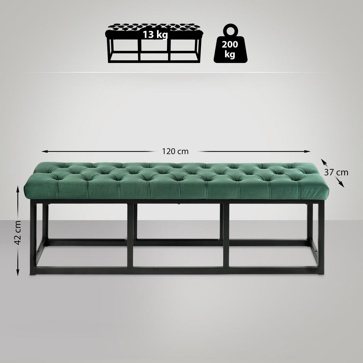 SITZBANK Polly Samt Schwarz 120 cm grün - Grün, Metall (120/42/37cm) - TPFLiving
