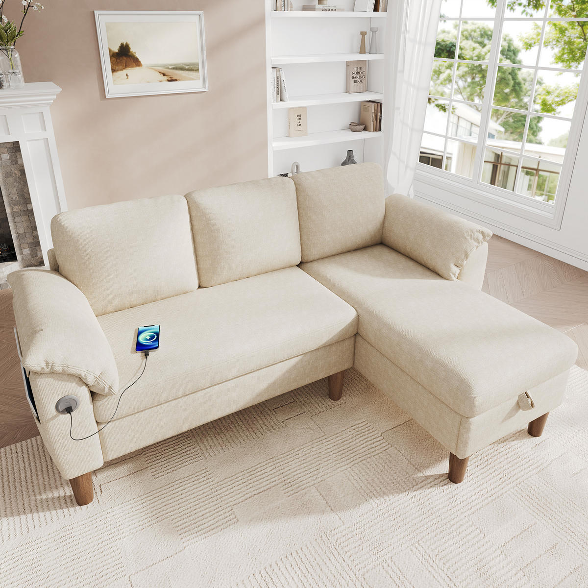 ECKSOFA 181/125/88 cm Beige mit Stauraum-Chaiselongue und USB/Type-C-Ladeanschluss - Beige, Textil (181/125cm) - Oxeza