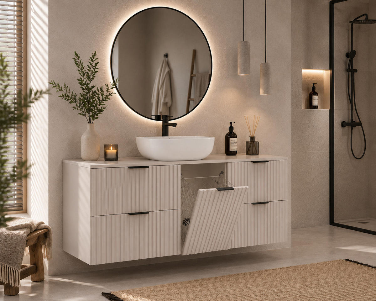 BADMÖBEL-SET MIT WÄSCHEKORB: Kaschmir, Griffe Schwarz, 160 x 46 x 57 cm - Kaschmir/Schwarz, Holzwerkstoff (160/57/46cm) - 3XE LIVING
