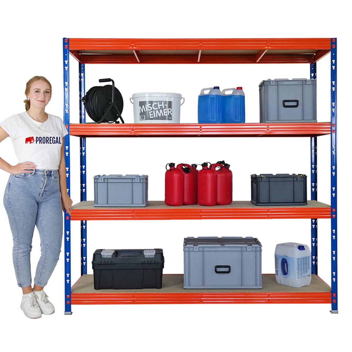 SCHWERLASTREGAL Rhino 2er-Set 200x200x60 cm 4 Spanplatten-Ebenen 8mm Fachlast 500 kg Blau/Orange - Blau/Orange, Metall (400/200/60cm) - PROREGAL