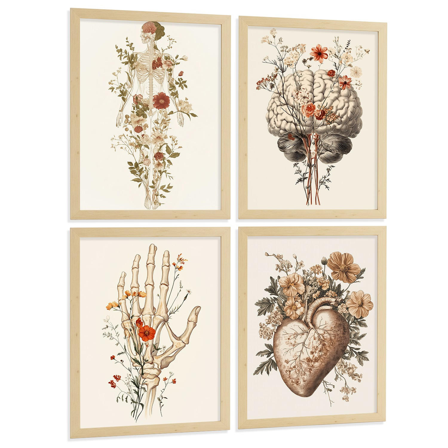POSTER Set aus 4 Anatomie Mensch Dekorative Drucke und Wandbilder mit Blumen Ganzkörper Gehirn Hand und Herz Stil Wanddekoration Größe Rahmenlos A4 - Klar, Papier (21/29.7/3cm) - Nacnic