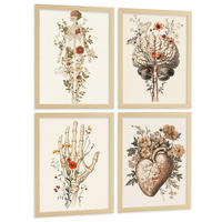 POSTER Set aus 4 Anatomie Mensch Dekorative Drucke und Wandbilder mit Blumen Ganzkörper Gehirn Hand und Herz Stil Wanddekoration Größe Rahmenlos A4 - Klar, Papier (21/29.7/3cm) - Nacnic