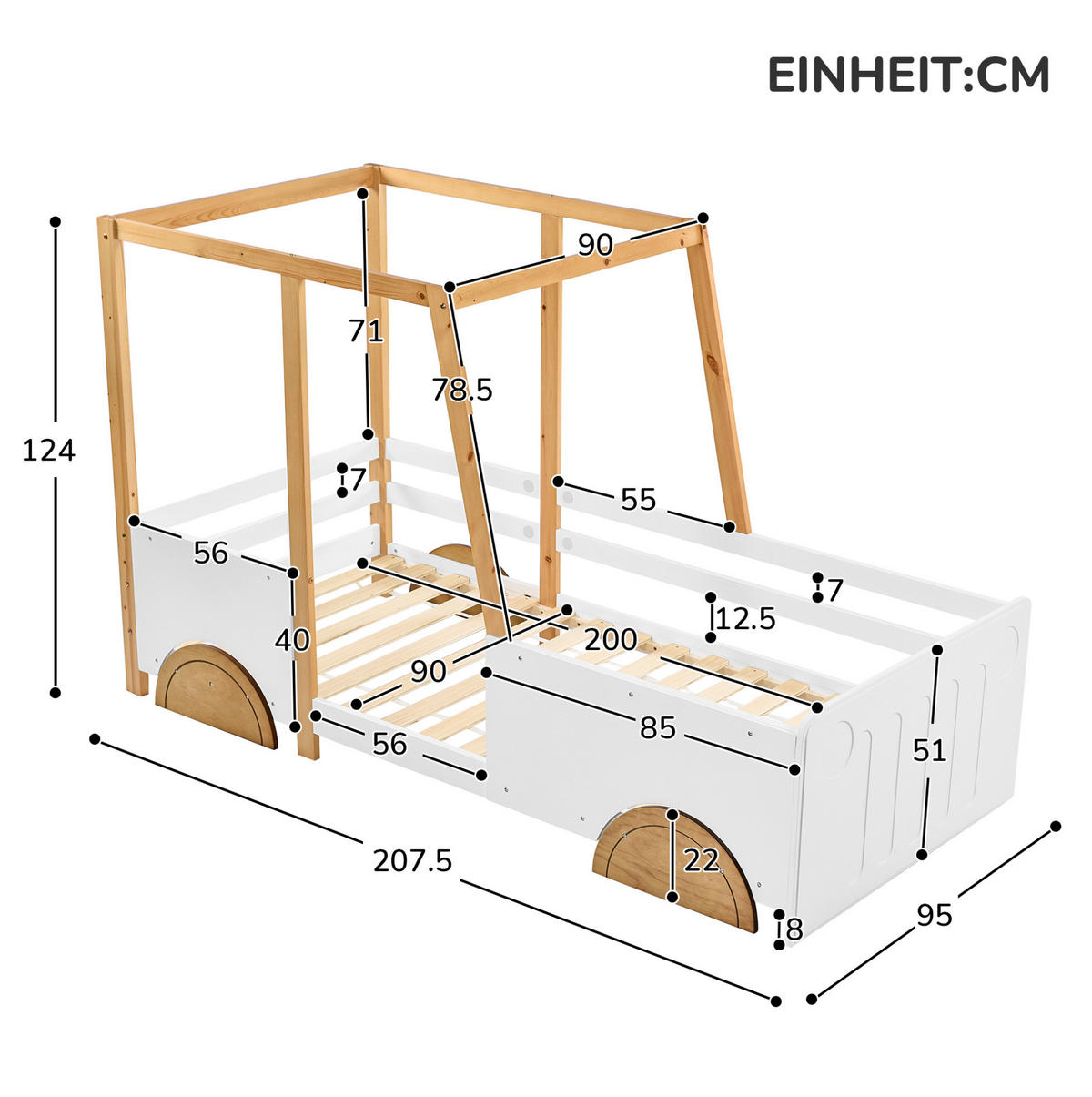 KINDERBETT aus Kiefer und MDF 90x200 cm Weiß/Natur mit vierseitigem Rausfallschutz in Autoform - Weiß, Holzwerkstoff (90/200cm) - Modfu