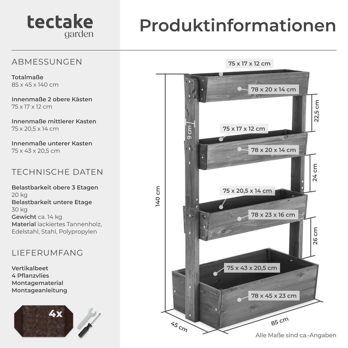 VERTIKALBEET Flora,inklusive Pflanzvlies, 85 x 45 x 140 cm,grau - Grau, Holz (85/140/45cm) - tectake