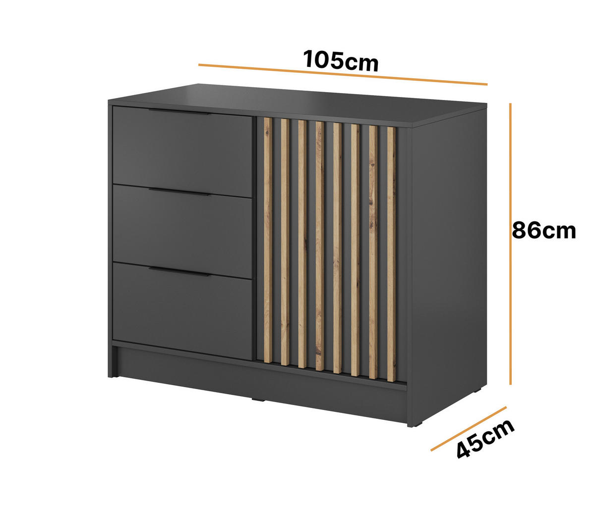KOMMODE Stilo 105 cm in Graphit + Eiche Artisan Lamellen - Schwarz/Graphitfarben, Holz/Holzwerkstoff (105/86/45cm) - Ravio