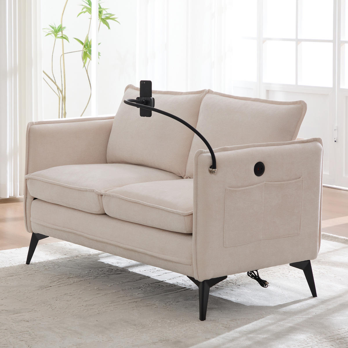 2-SITZER Sofa Chenille mit Handyhalter und Seitentaschen 127/69/66 cm Beige - Beige, Textil (66/127/69cm) - Redom