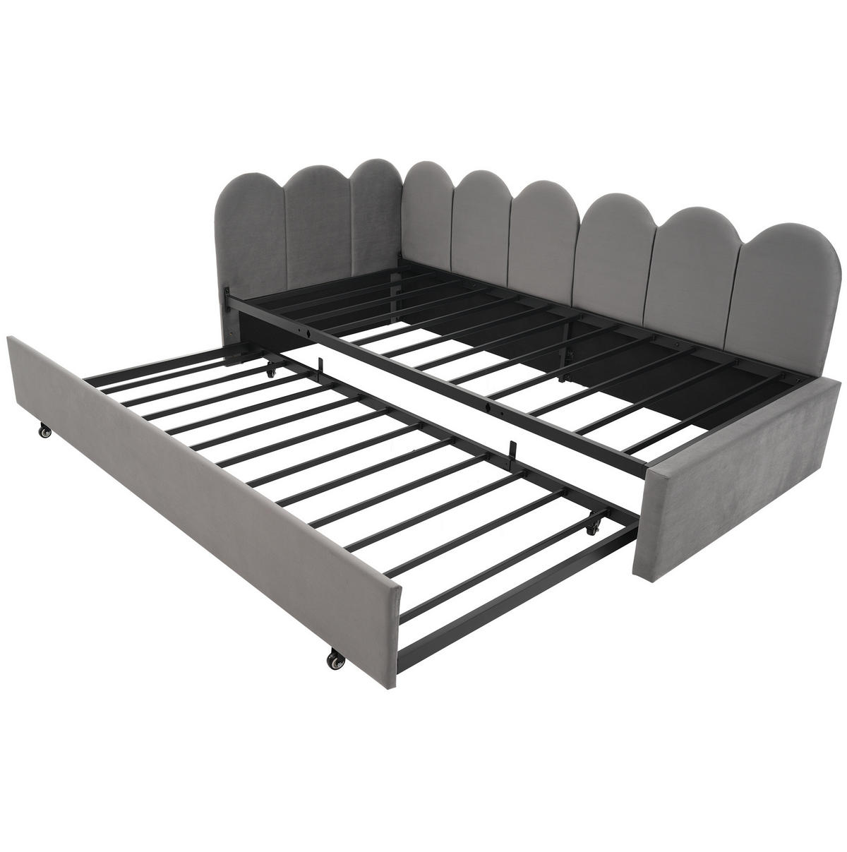 POLSTERBETT 90/200 cm mit Ausziehbett 90/190 cm, Samtbezug, Gitter-Design und Lattenrost, Grau - Grau, Textil (90/200cm) - Redom