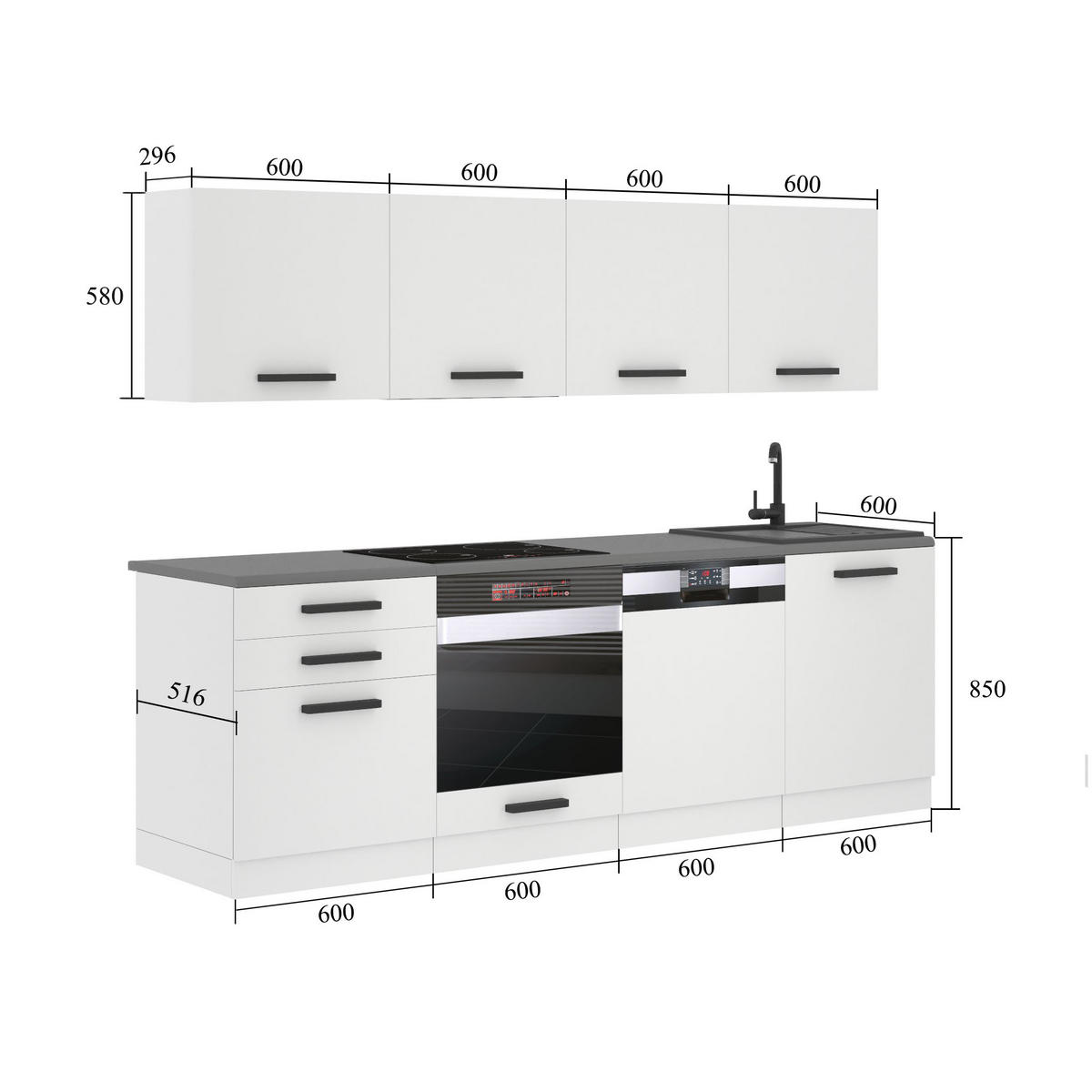KÜCHENZEILE Alice 240 cm, mit Arbeitsplatten, Silber Hochglanz - Silberfarben, Holz (240/204/60cm) - B BELINI GROUP