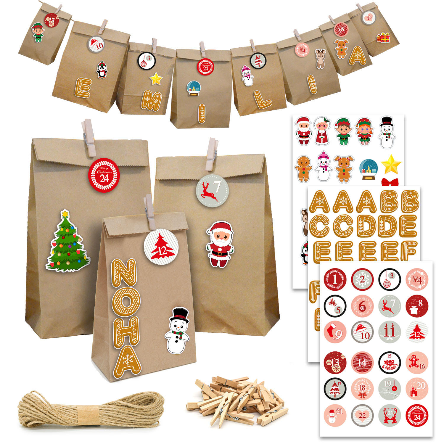 ADVENTSKALENDER zum Selbstbefüllen, 24 Papiertüten - Braun, Papier (13/8/24cm) - Dunedesign