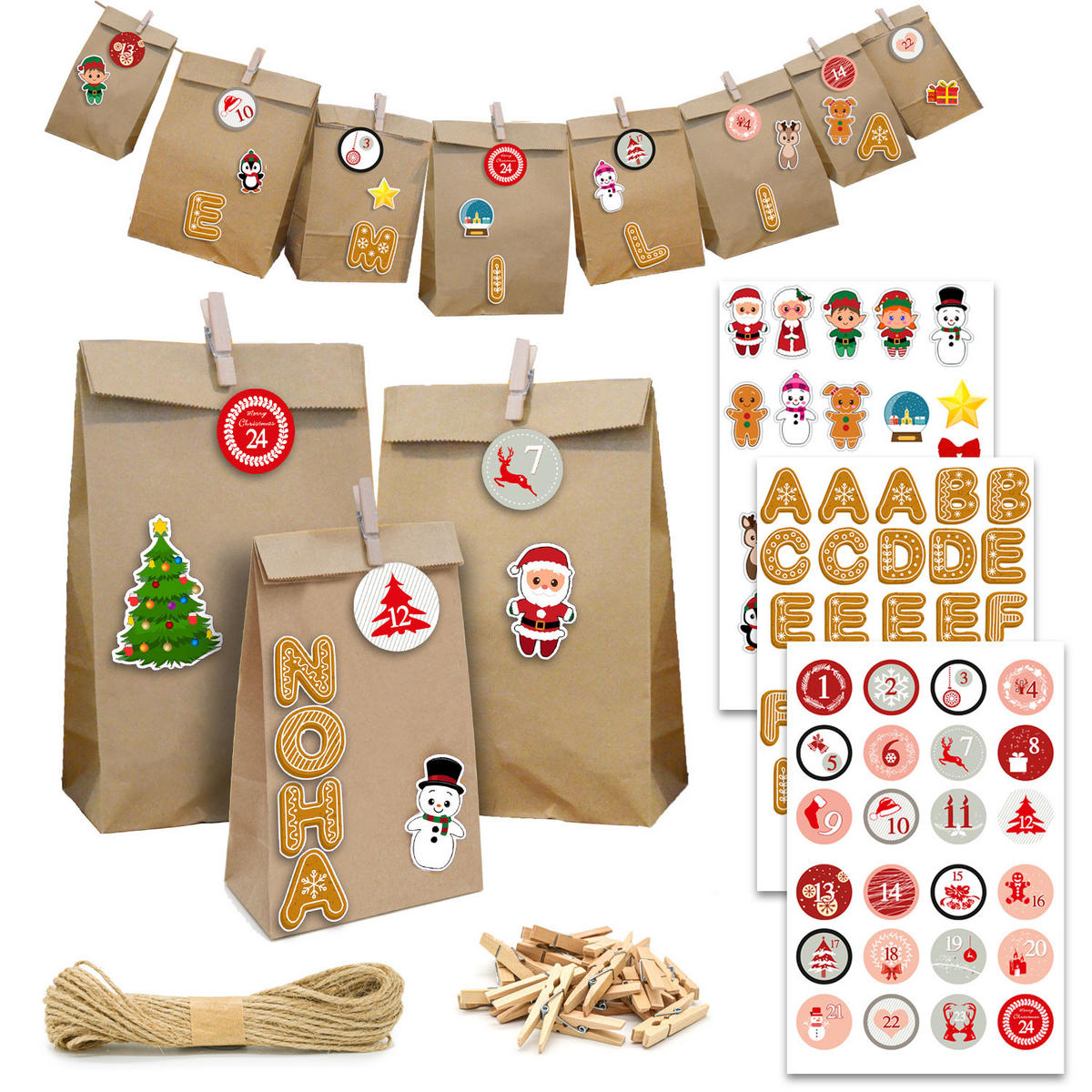 ADVENTSKALENDER zum Selbstbefüllen, 24 Papiertüten - Braun, Papier (13/8/24cm) - Dunedesign
