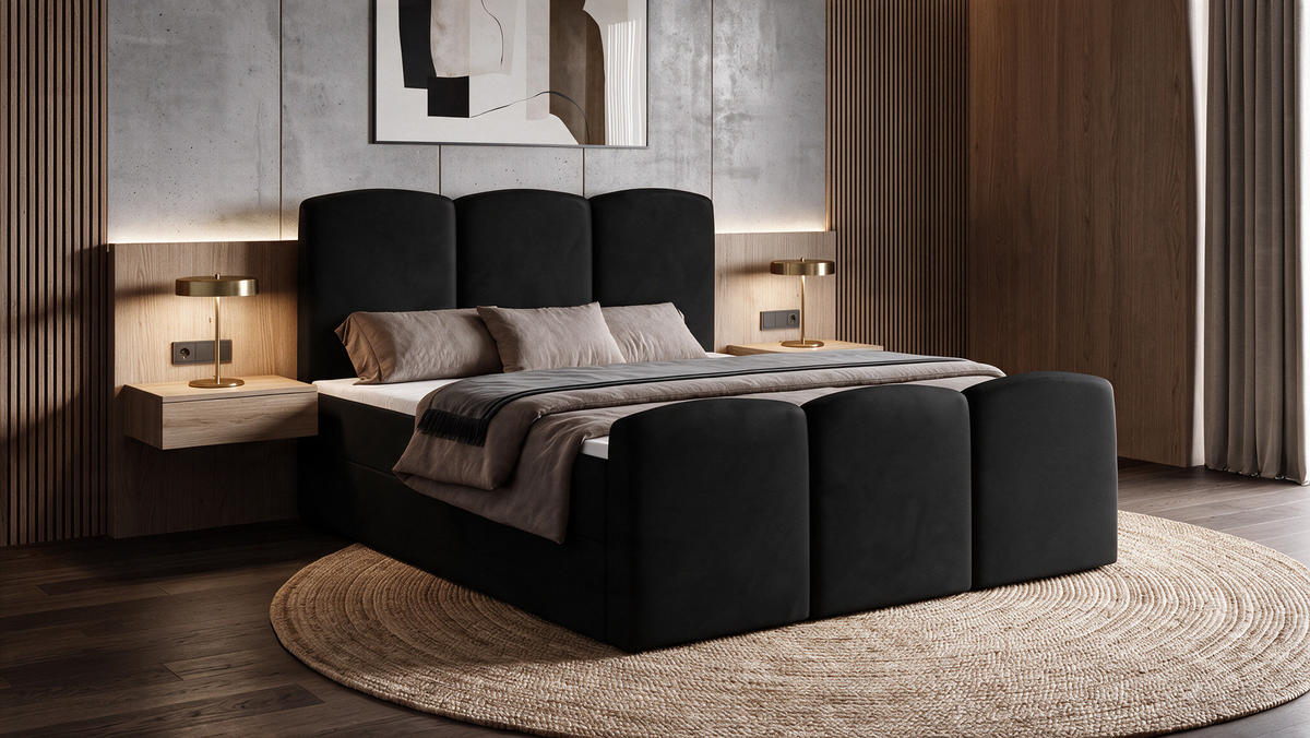 BOXBETT SAVIO 200x200 cm mit Bettkasten, Bonell-Matratze H3 und Topper – Samt Schwarz - Schwarz, Textil (200/200cm) - Luxkor24