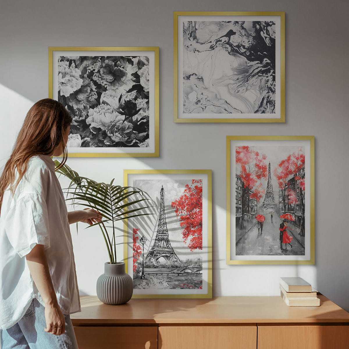 BILDER SET 4er Set - 50x50 cm & 40x60 cm Goldrahmen - graue Gemälde des Eiffelturms - Goldfarben, Kunststoff (50/50cm) - TULUP