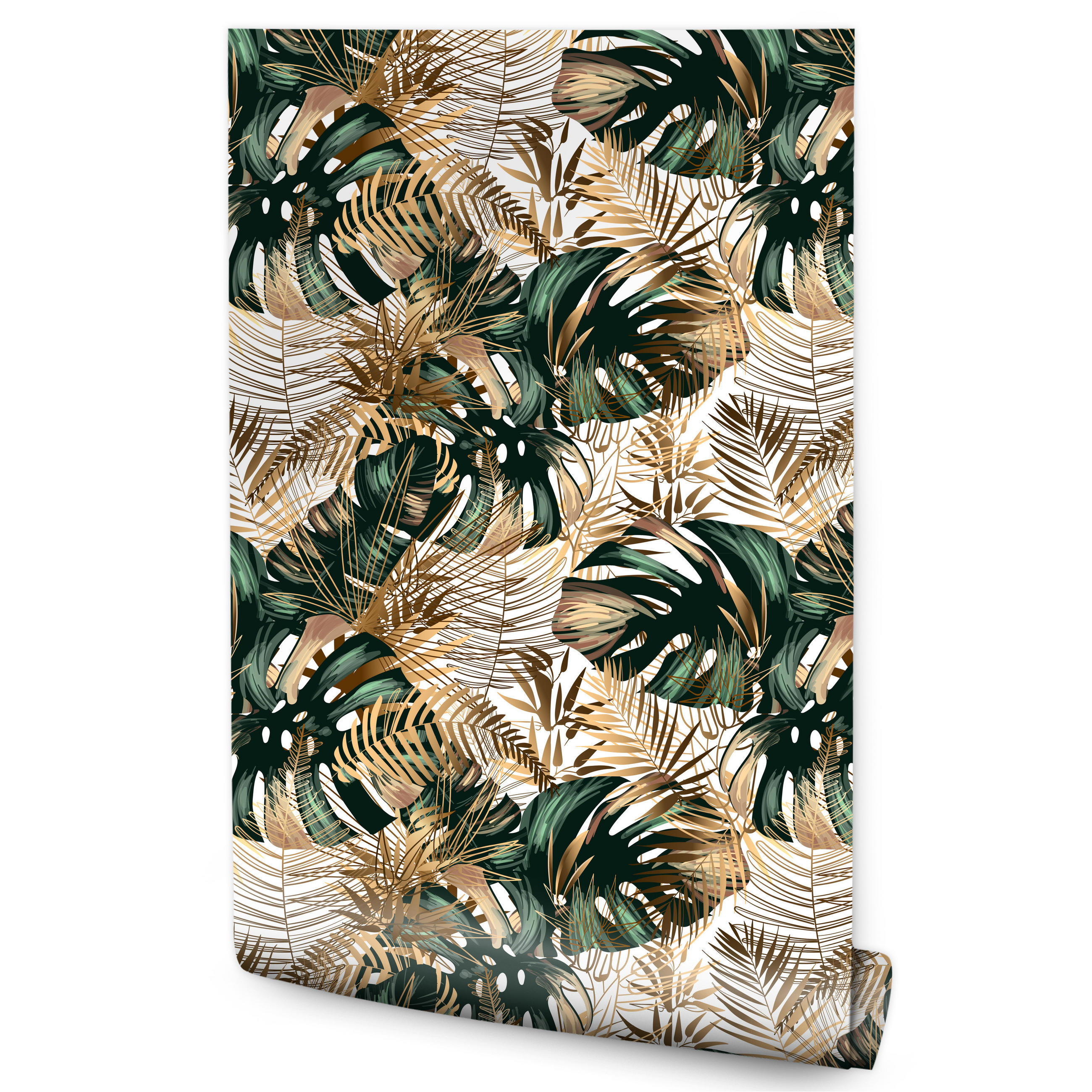 VLIESTAPETE Tropische Blätter – Goldfarben, Grün, Weiß – 50x1000 cm - Goldfarben/Weiß, Papier (50/1000cm) - Muralo