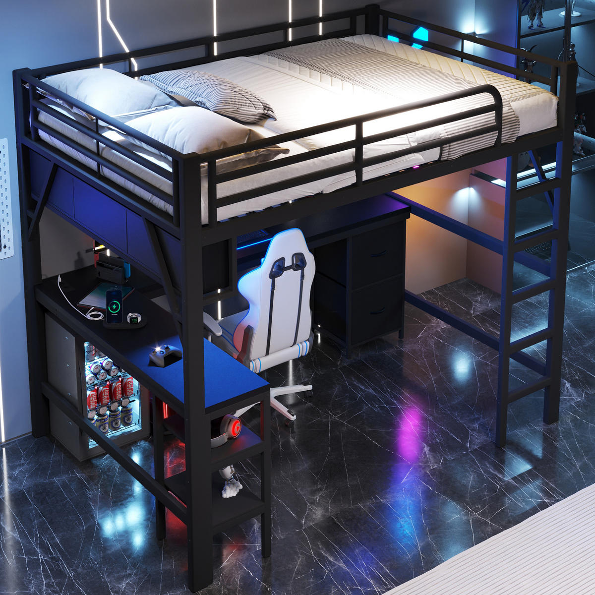 HOCHBETT 140/200 cm in Schwarz mit Schreibtisch, Regal, Schubladen, LED und USB - Schwarz, Holzwerkstoff/Metall (140/200cm) - STILVORA