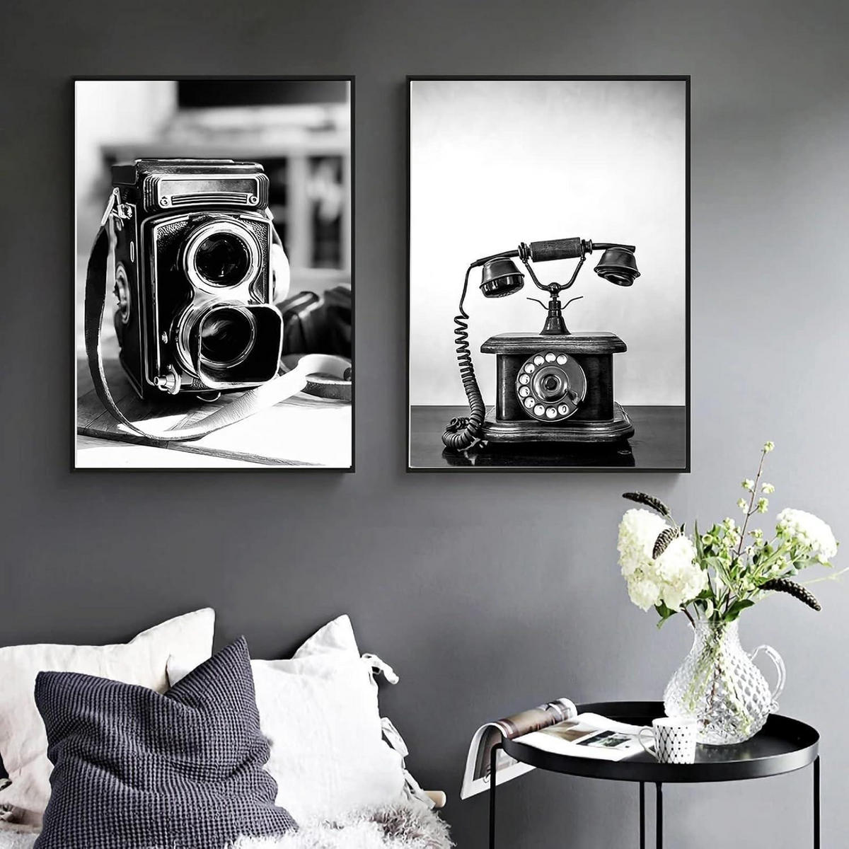 POSTER Set 3-teilig Schwarz Weiß Vintage Kameras Telefone 50x70cm - Schwarz, Papier (50/0.5cm)