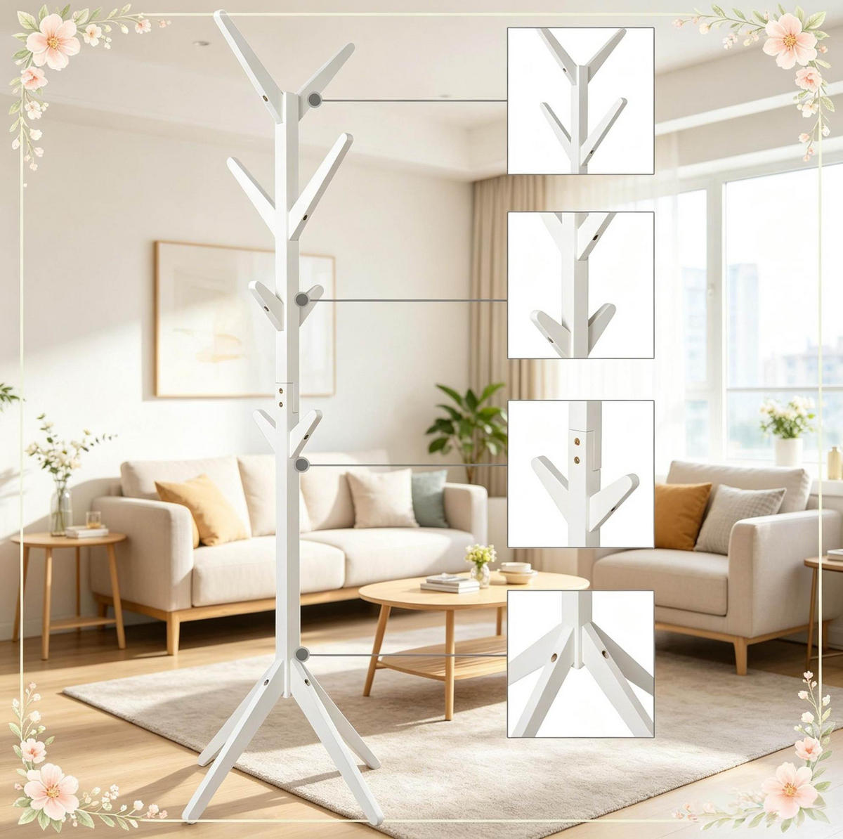 GARDEROBENSTÄNDER 43/43/180 cm weiß aus Massivholz mit 8 Haken - Weiß, Holz (43/180/43cm) - OKWISH