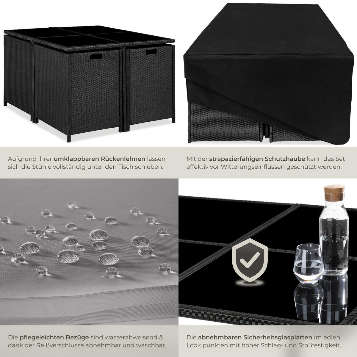 RATTAN SITZGRUPPE Bilbao,zusammenschiebbar, inklusive Schutzhülle,schwarz/grau - Schwarz/Grau, Kunststoff - tectake