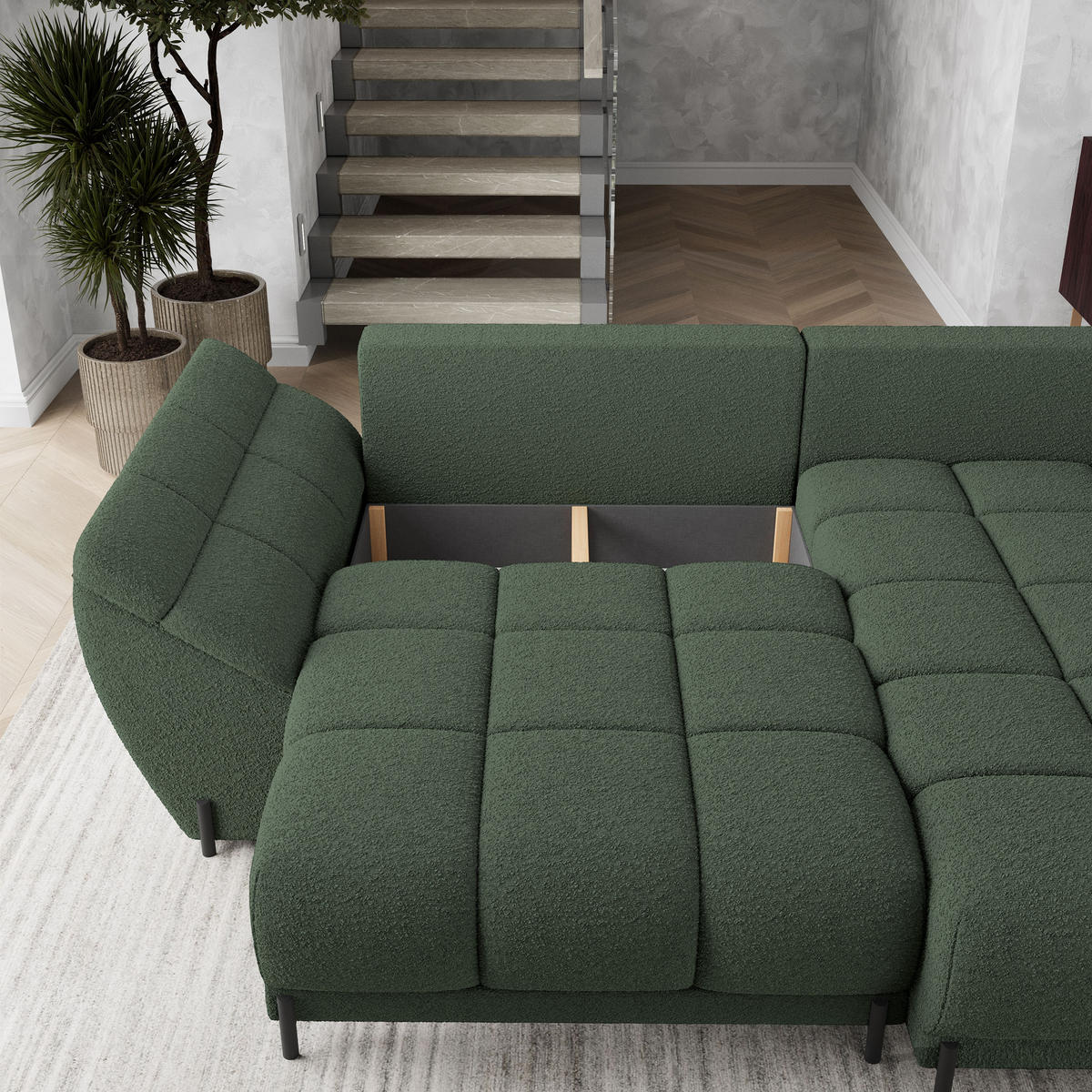 ECKSOFA VESTANO R-S Grün Boucle-Stoff mit Schlaffunktion - Grün, Holz (287/182cm) - MASSENO