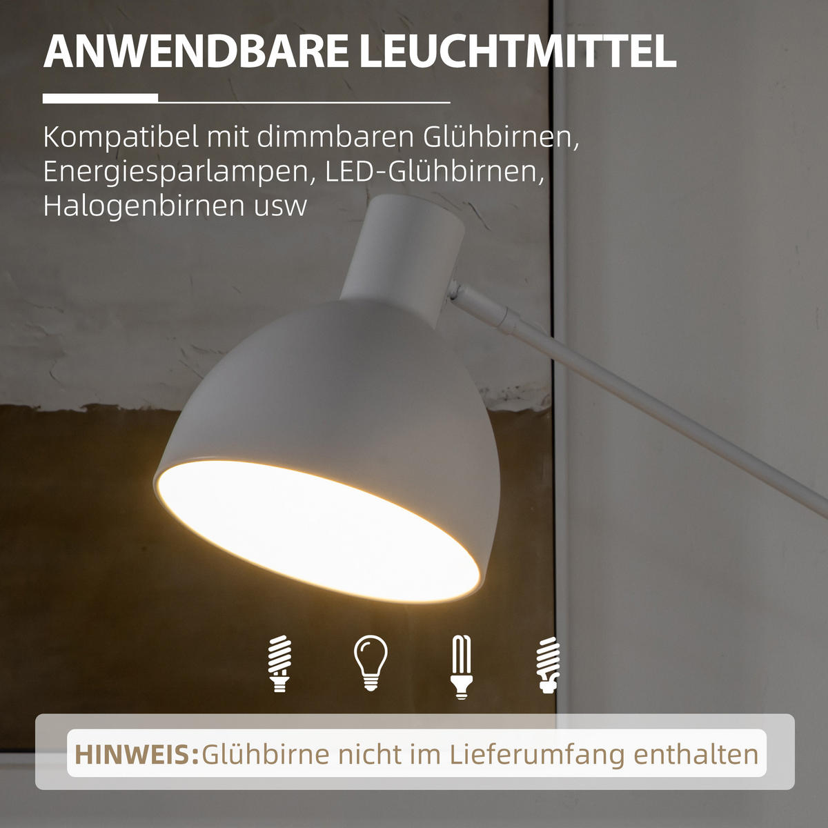 STEHLAMPE höhenverstellbar, 40 W Standlampe exkl. Weiß - Weiß, Metall (30/30/155cm) - HOMCOM