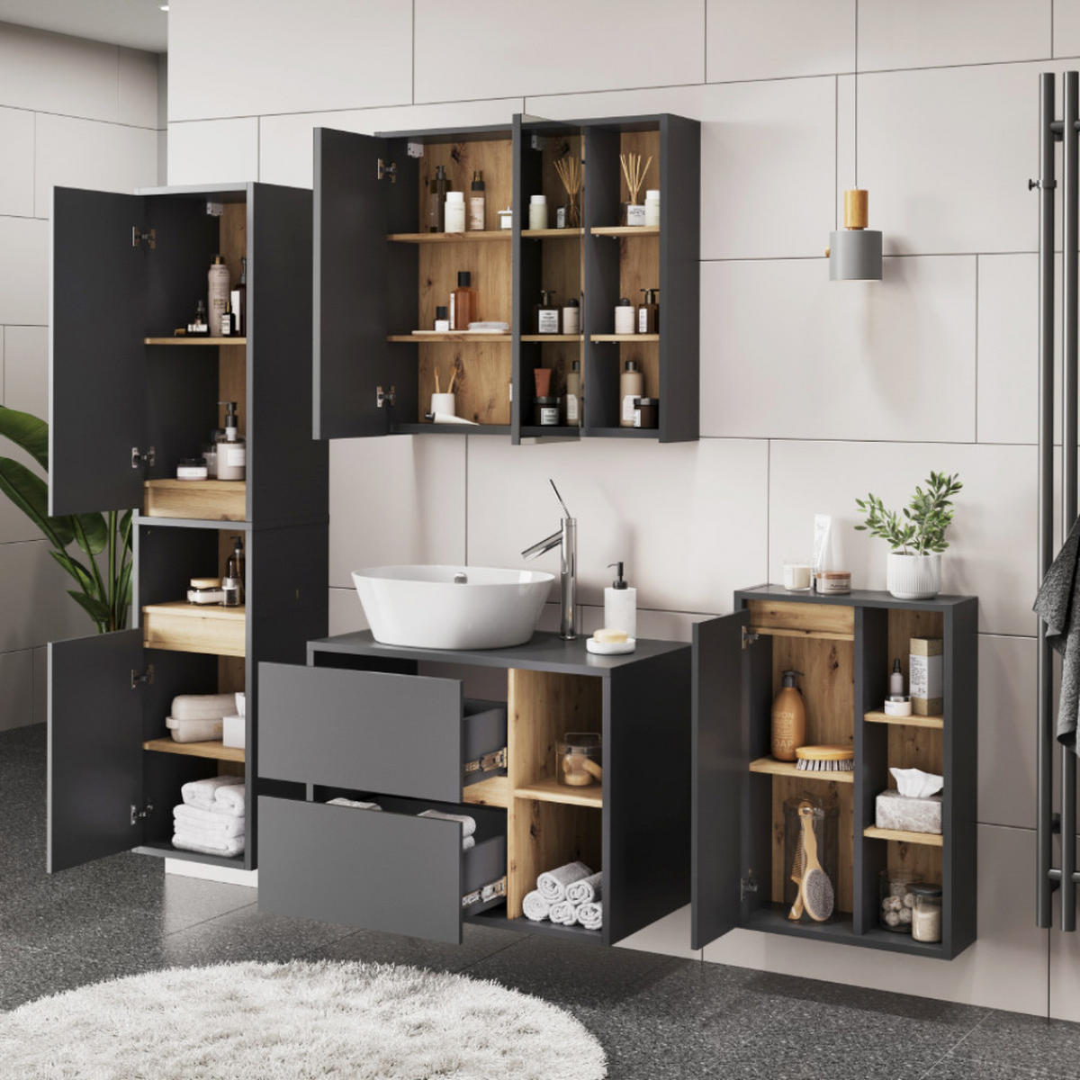 KOUPELNOVÁ SESTAVA NÁBYTKU Viola Grey/Artisan - šedá/dub artisan, kompozitní dřevo (80/60/46cm) - Vicco