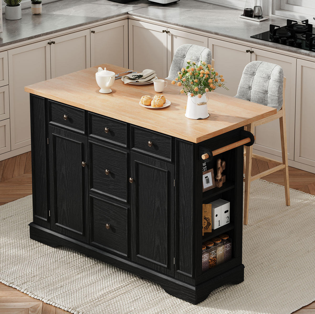 KÜCHENINSEL 130,5/40-65/92 cm schwarz mit klappbarer Arbeitsplatte und Ladestation - Schwarz, Holzwerkstoff (130.5/92/65cm) - OKWISH