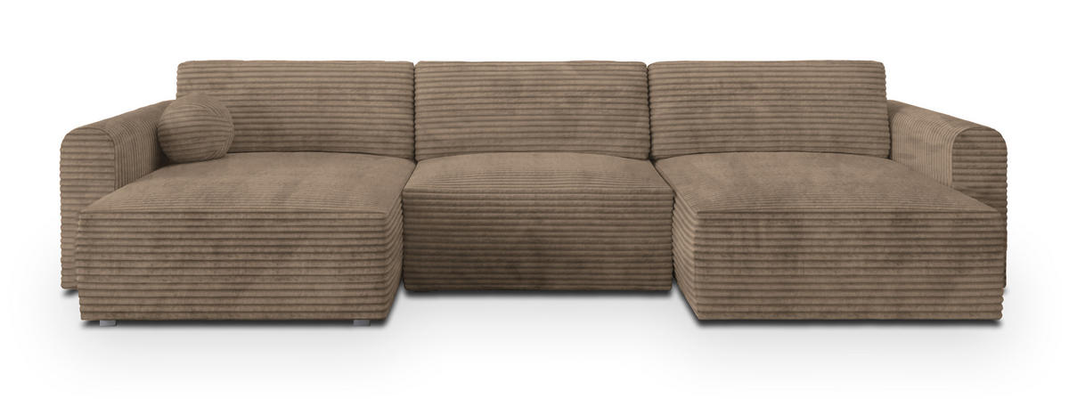 WOHNLANDSCHAFT FENTO Beige Kordstoff mit Schlaffunktion - Beige, Holz (347/90/148cm) - MASSENO