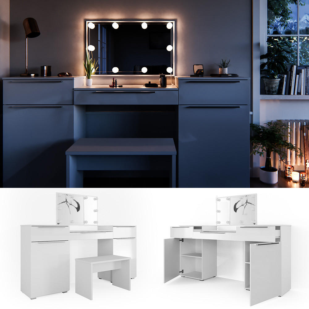 SCHMINKTISCH Lilli Weiß 190 cm mit LED Beleuchtung und Bank - Weiß, Holzwerkstoff (190/90/39cm) - Vicco