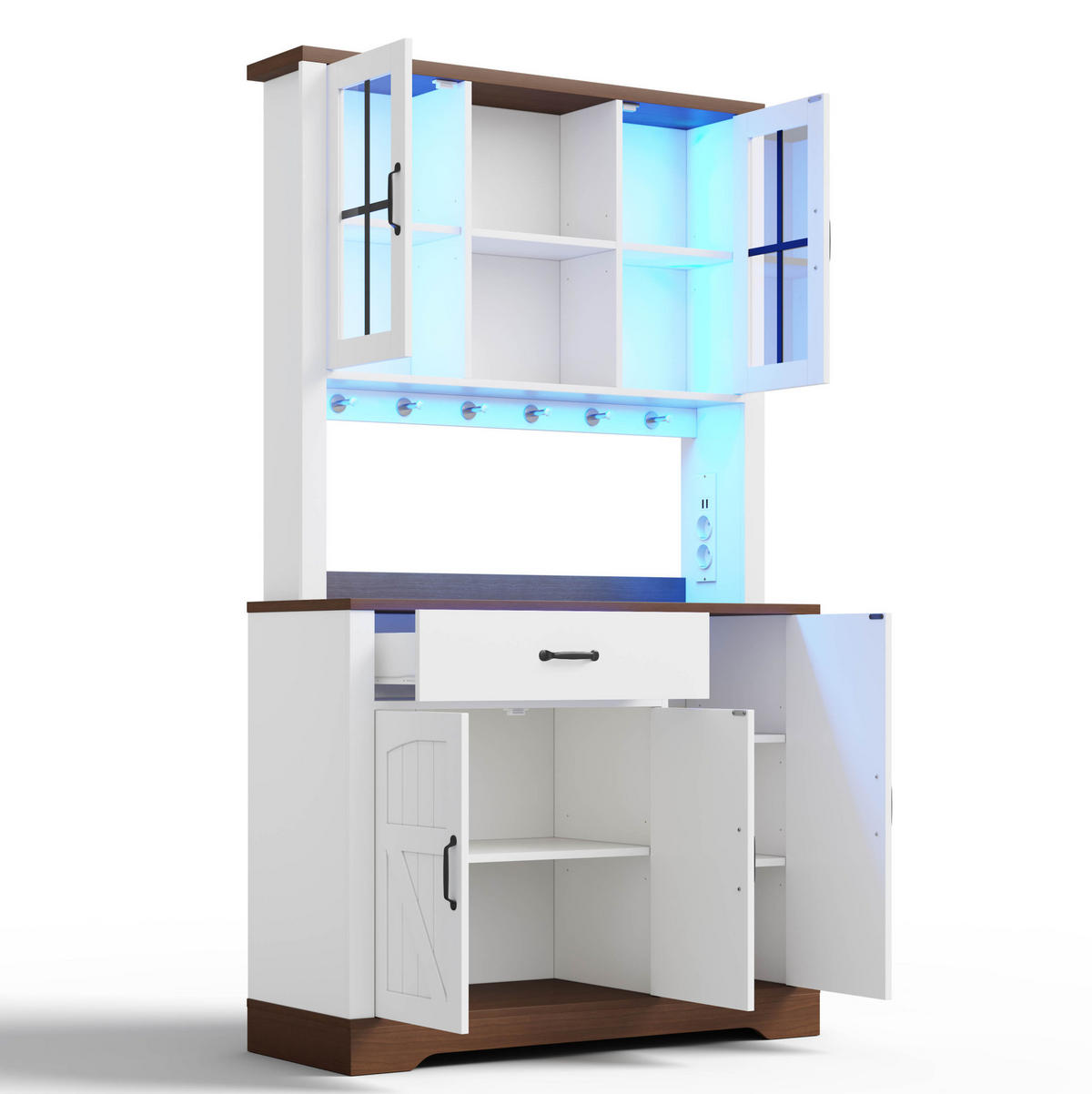 BUFFETSCHRANK 105/40/185 cm aus MDF mit LED-Beleuchtung, Steckdosenmodul und verstellbaren Einlegeböden, Natur/Weiß - Naturfarben, Holzwerkstoff (105/185/40cm) - Redom