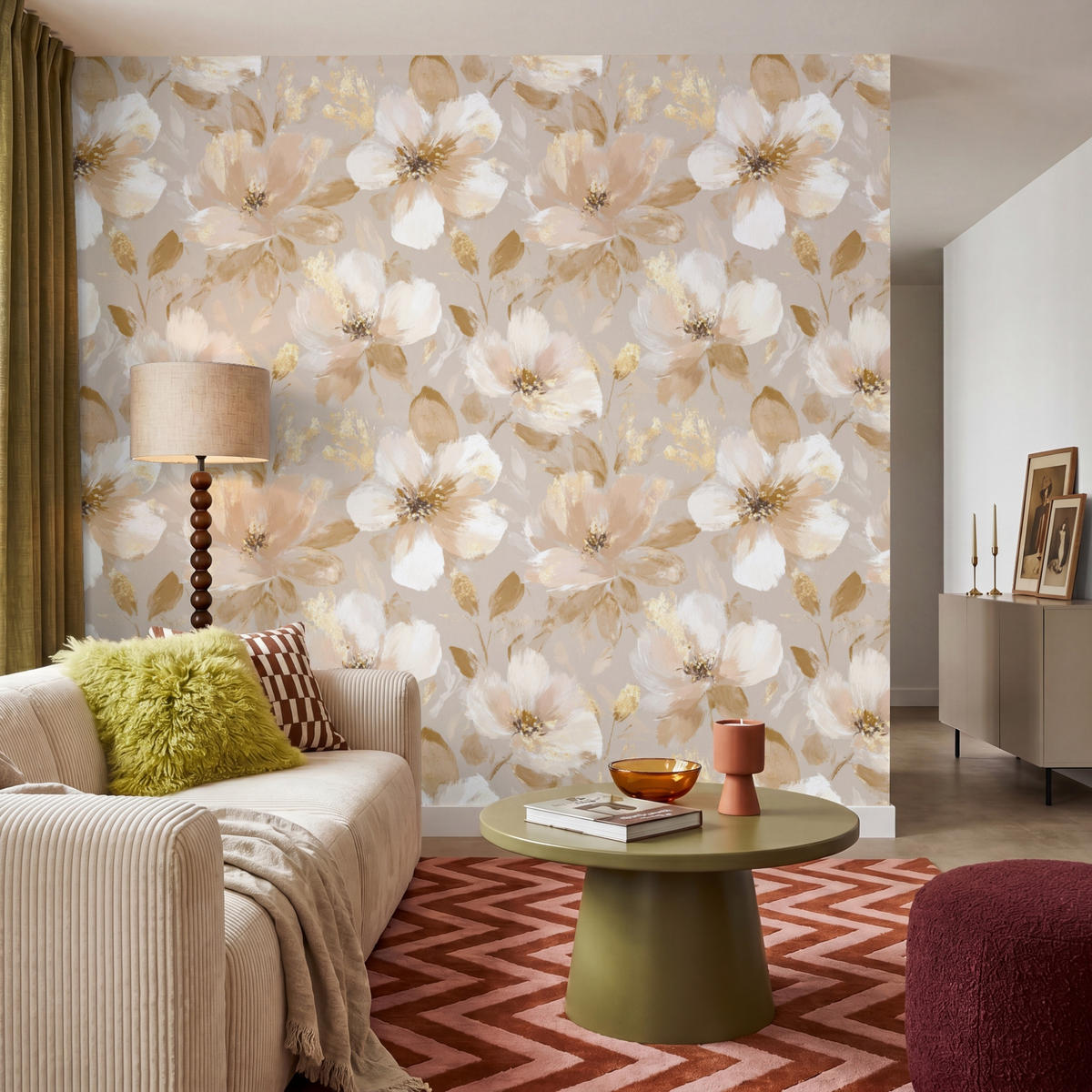 TAPETE - Blumen - künstlerisch - Gold - 240x240 cm - Beige, Papier (240/240cm) - OnlyWow