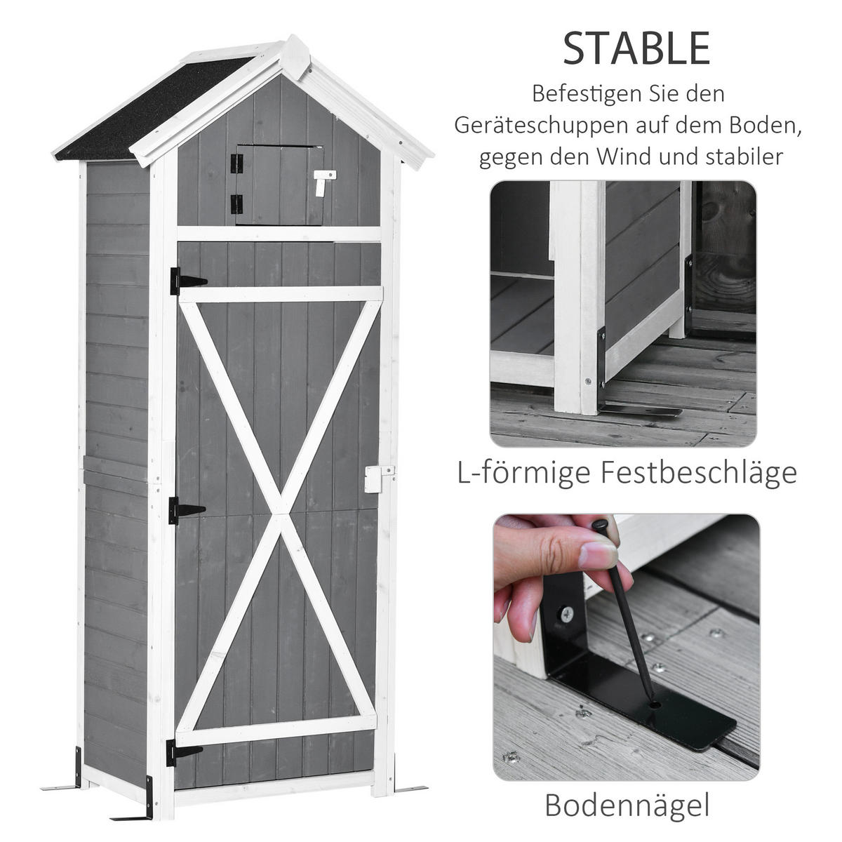 GARTENSCHRANK aus Holz, Gerätehaus mit Tür Dach, Geräteschuppen mit Hacken, Grau - Dunkelgrau, Holz (52.5/182/78cm) - Outsunny