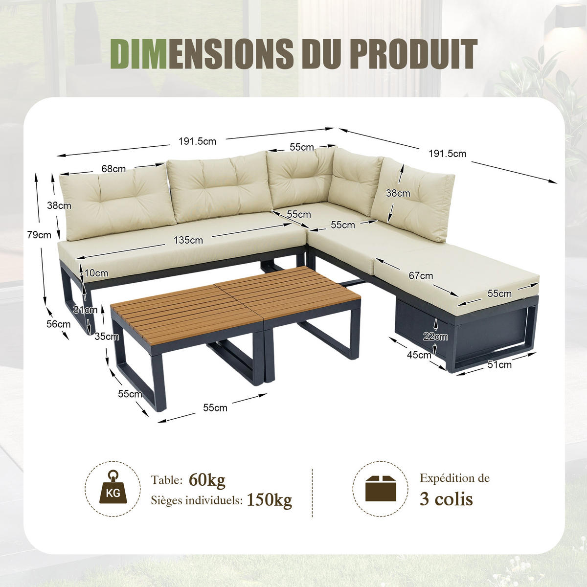 LOUNGESESSEL 4 Personen Beige mit verstellbarer Rückenlehne und Stauraum - Beige, Textil (191.5/79/191.5cm) - Luhomfu