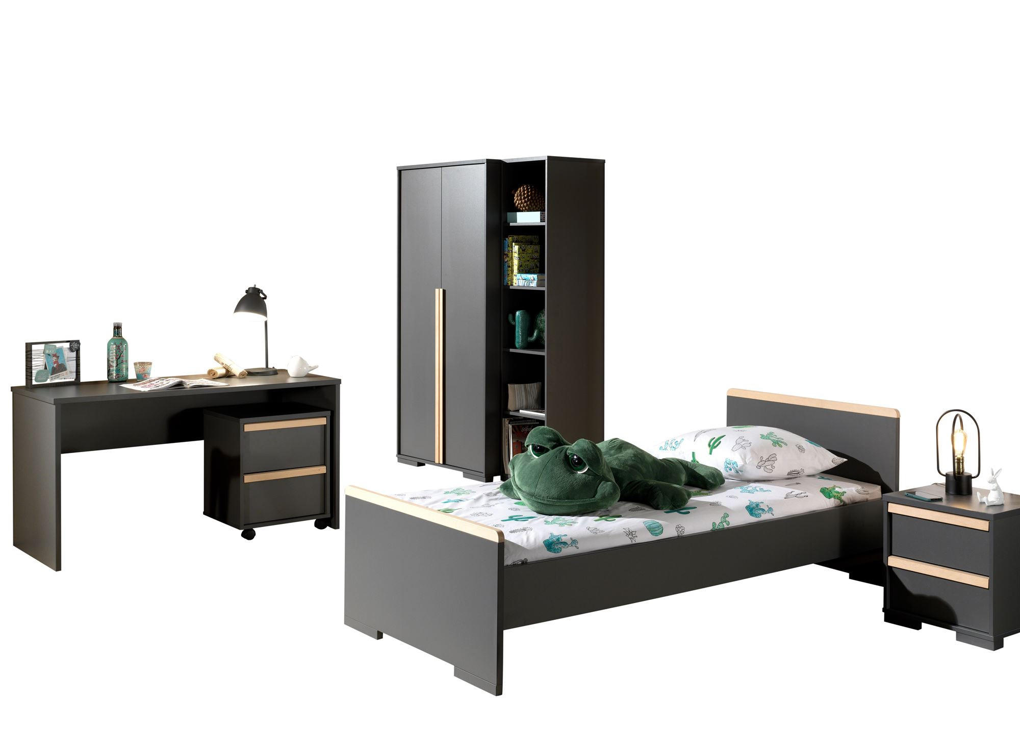 KINDERZIMMER komplett Set 6-tlg. Kariotta 10 Anthrazit Griffe Massivholz - Anthrazit, Holzwerkstoff (588/1/347cm) - 58aufmkessel