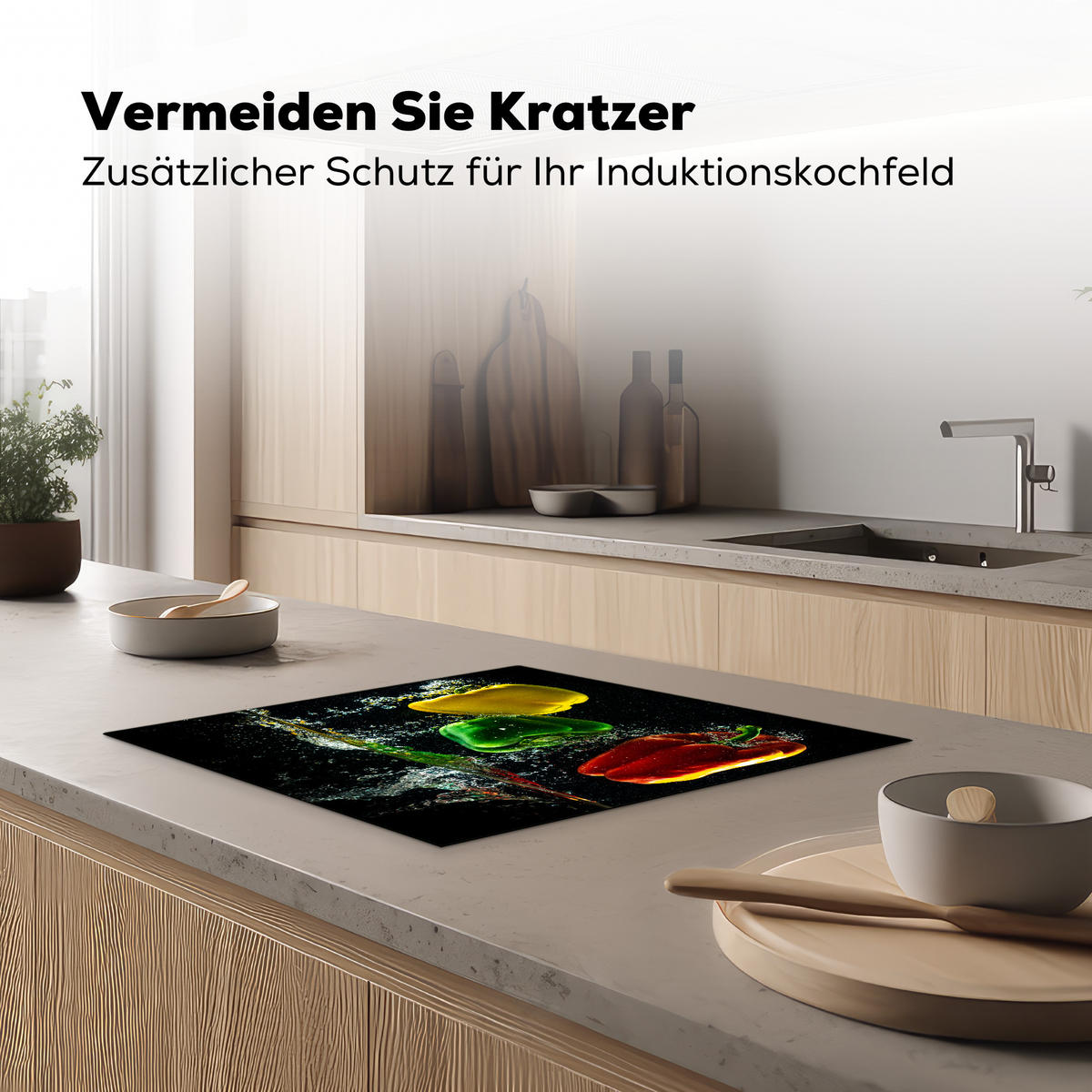 HERDABDECKPLATTE Paprika - Gemüse - Wasser - Schwarz - Rot - Grün - Gelb Herdabdeckung Induktionsfeld 60x52 cm - Multicolor, Kunststoff (60/52/0.2cm) - MuchoWow
