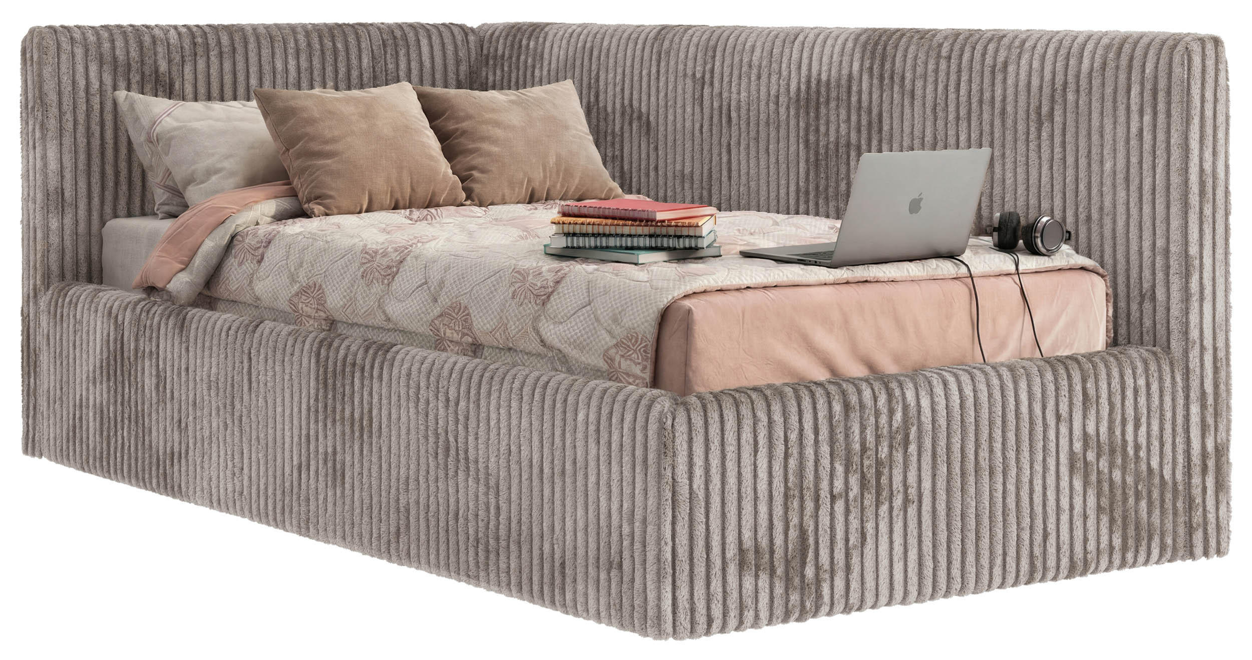 POLSTERBETT TILVO 90/200 - Hellbraun Cord - Schaumstoffmatratze - Links - Hellbraun, Textil (90/200cm) - MKS