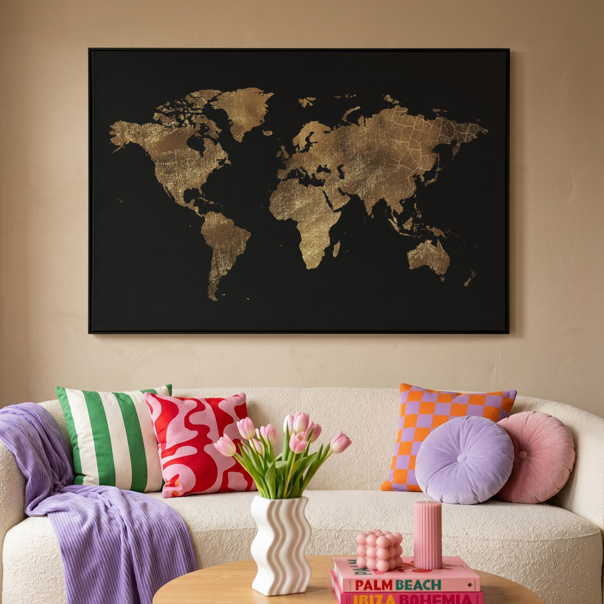 LEINWAND Bilder mit Rahmen - Weltkarte - Gold - Luxus - Erde - Schwarz - 120x80 - Goldfarben, Textil (120/80cm) - MuchoWow