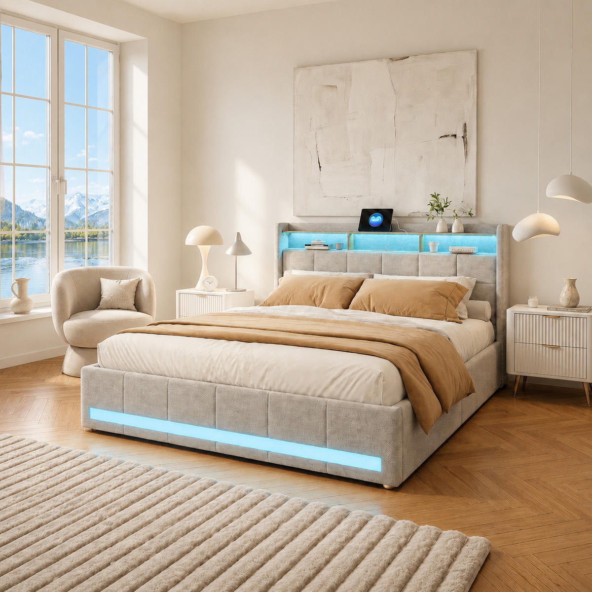 DOPPELBETT,POLSTERBETT 160/200 cm mit Schubladen und LED&Ladefunktion,Beige - Beige, Holz/Textil (160/200cm) - PARAFTA HOME
