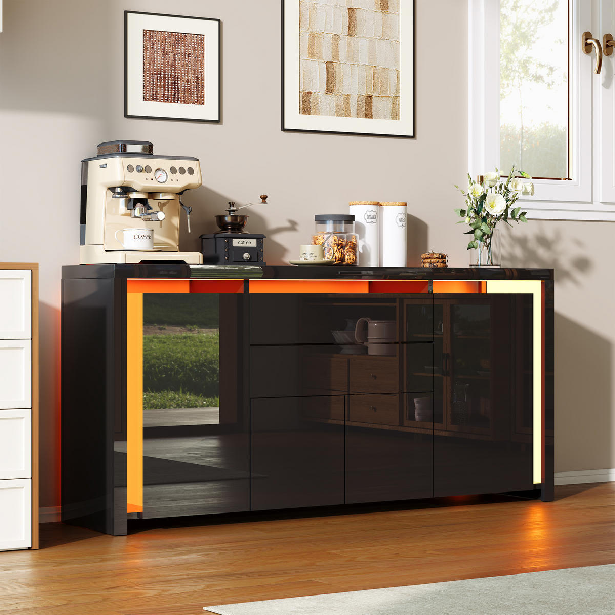 SIDEBOARD 160x35x75 cm 2 Schubladen 4 Türen LED schwarz - Schwarz, Holz (160/75/35cm) - Fortuna Lai
