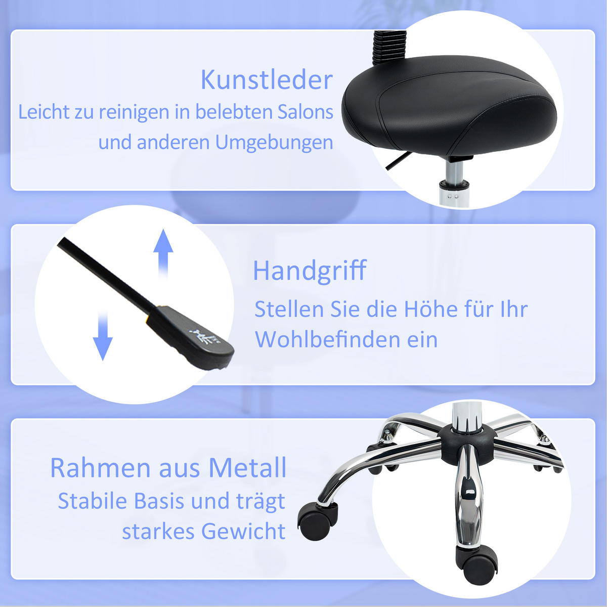 ROLLHOCKER Höhenverstellbar Schwarz 50.0/50.0/98.0 cm - Schwarz, Leder (50/98/50cm)
