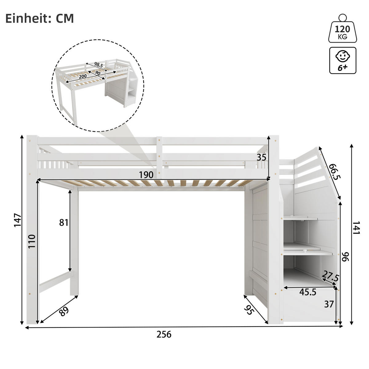 HOCHBETT 90/200 cm weiß aus Kiefernholz und MDF mit Stauraumtreppe - Weiß, Holzwerkstoff (90/200cm) - OKWISH