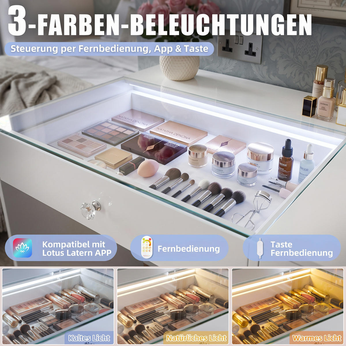 SCHMINKTISCH mit Beleuchtung 6 Schubladen Weiβ 92/55/81CM - Weiß, Holz/Holzwerkstoff (92/55/81cm) - VANITII