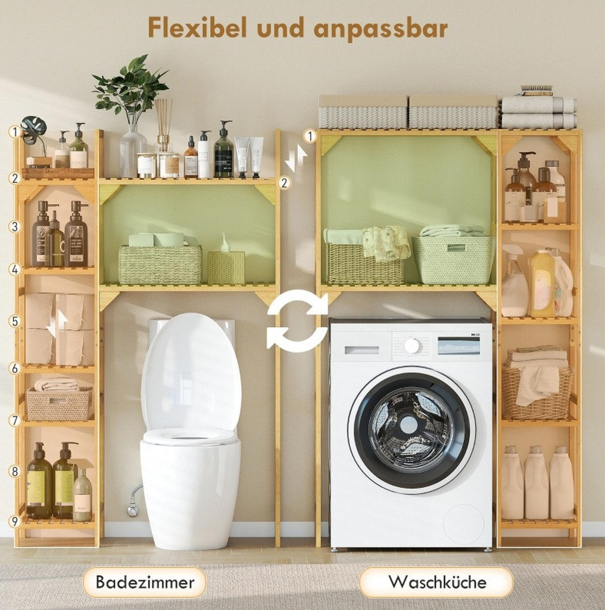STANDREGAL 100/40/157 cm mit 7 Ablagen und variabler Seitenmontage, Natur - Naturfarben, Naturmaterialien (100/157/40cm) - Redom