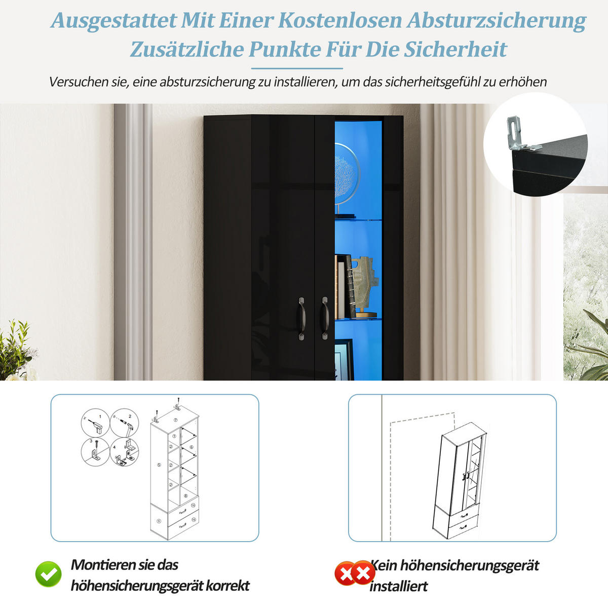 VITRINE LED 2 Türen Standvitrine Glas Schwarz - Schwarz, Holzwerkstoff (59.5/182/35cm) - FLIEKS