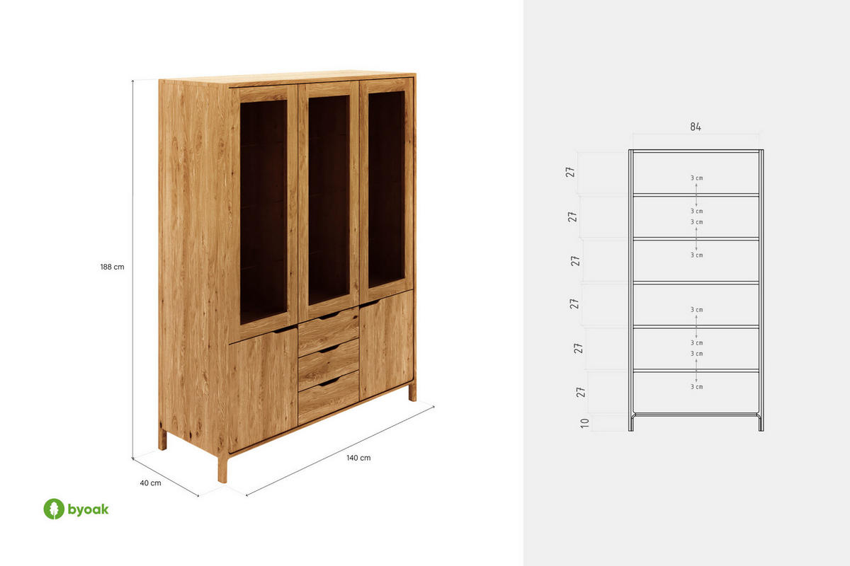 VITRINE PAUL - Wildeiche, Holz (140/188/40cm) - byoak