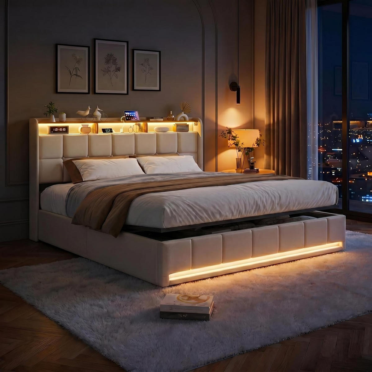 POLSTERBETT 140/200 cm Beige,Doppelbett mit Stauraum, LED und Ladestation - Beige, Holz/Textil (140/200cm) - PARAFTA HOME