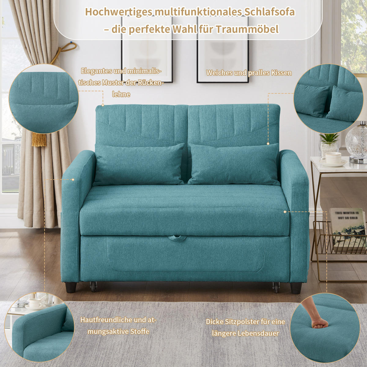 SCHLAFSOFA Baumwoll-Leinen mit Ausziehfunktion und verstellbarer Rückenlehne Antik Blaugrün 114/77/82,5 cm - Türkis, Textil (77/82.5/114cm) - Redom