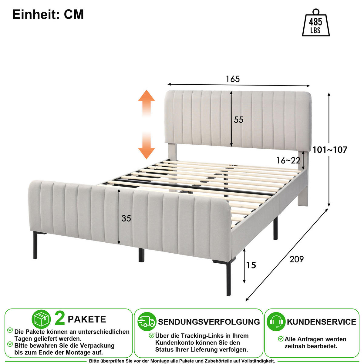 ČALOUNĚNÁ POSTEL 160/200 cm v šedo-béžové barvě s nastavitelným čelem a roštem - béžová, kov/kompozitní dřevo (160/200cm) - CHICFURN