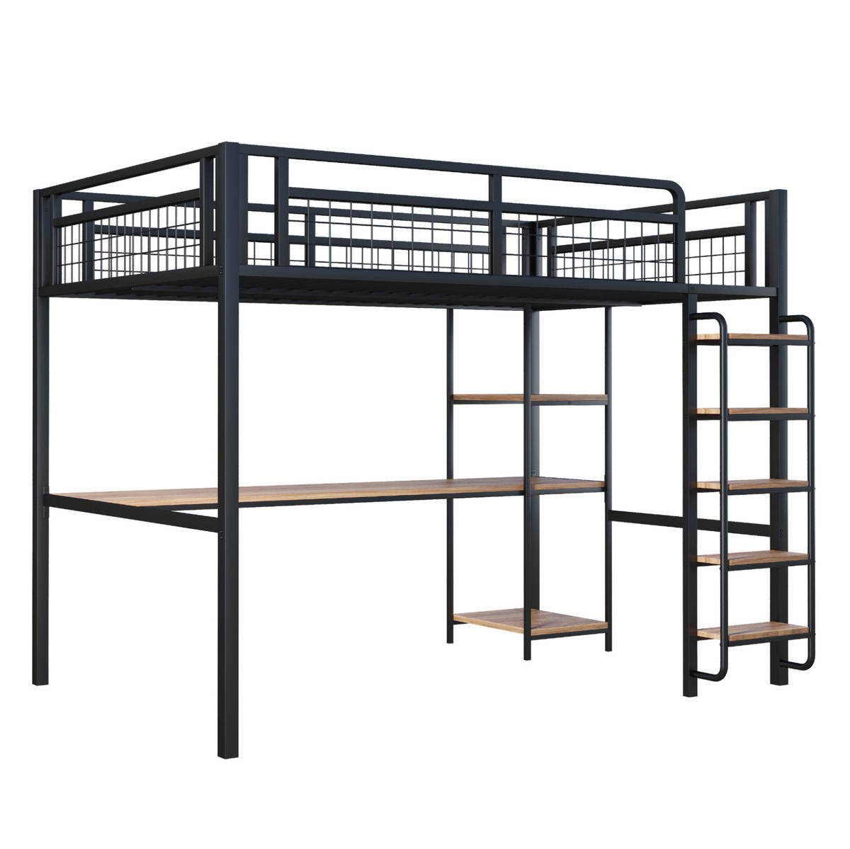 HOCHBETT mit Schreibtisch 140/200 cm in Schwarz – mit Regal, Leiter und Rausfallschutz - Schwarz, Metall (140/200cm) - BEAOK